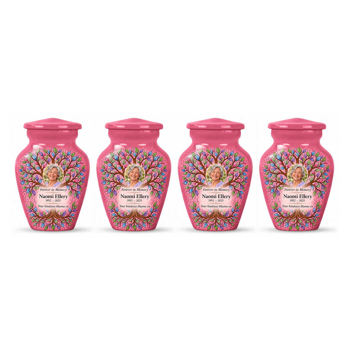 Four matching pink Tree of Life keepsake urns in a row on white, each with Naomi Ellery sample portrait and memorial text.