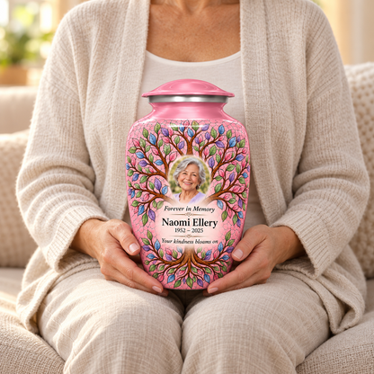A seated person in cream clothing holding the pink Tree of Life adult urn with Naomi Ellery sample portrait and memorial text on their lap.