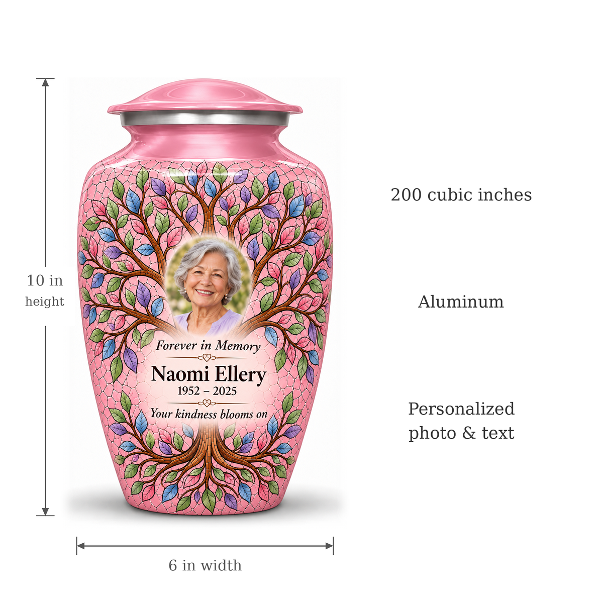 Pink Tree of Life adult urn size guide showing 10 inch height, 6 inch width, 200 cubic inches, Aluminum, and personalized photo and text.