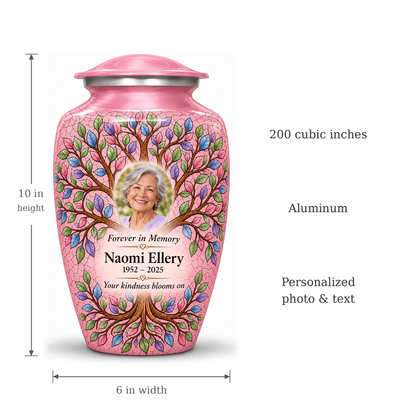 Pink Tree of Life adult urn size guide showing 10 inch height, 6 inch width, 200 cubic inches, Aluminum, and personalized photo and text.