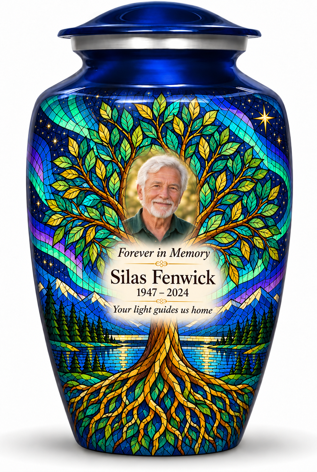 Blue Tree of Life adult urn with aurora, lake and mosaic-style tree artwork, Silas Fenwick sample portrait and memorial text on white.