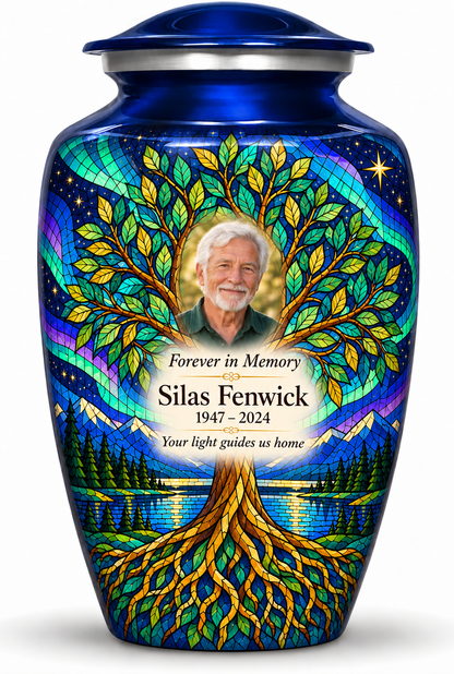 Blue Tree of Life adult urn with aurora, lake and mosaic-style tree artwork, Silas Fenwick sample portrait and memorial text on white.