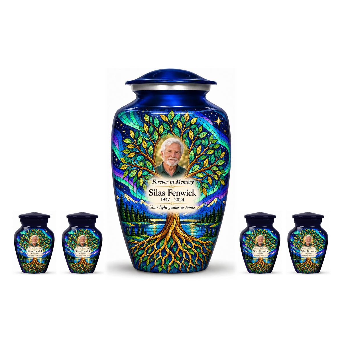 One blue aurora Tree of Life adult urn centered between four matching keepsakes on white, all with Silas Fenwick sample portrait and memorial text.