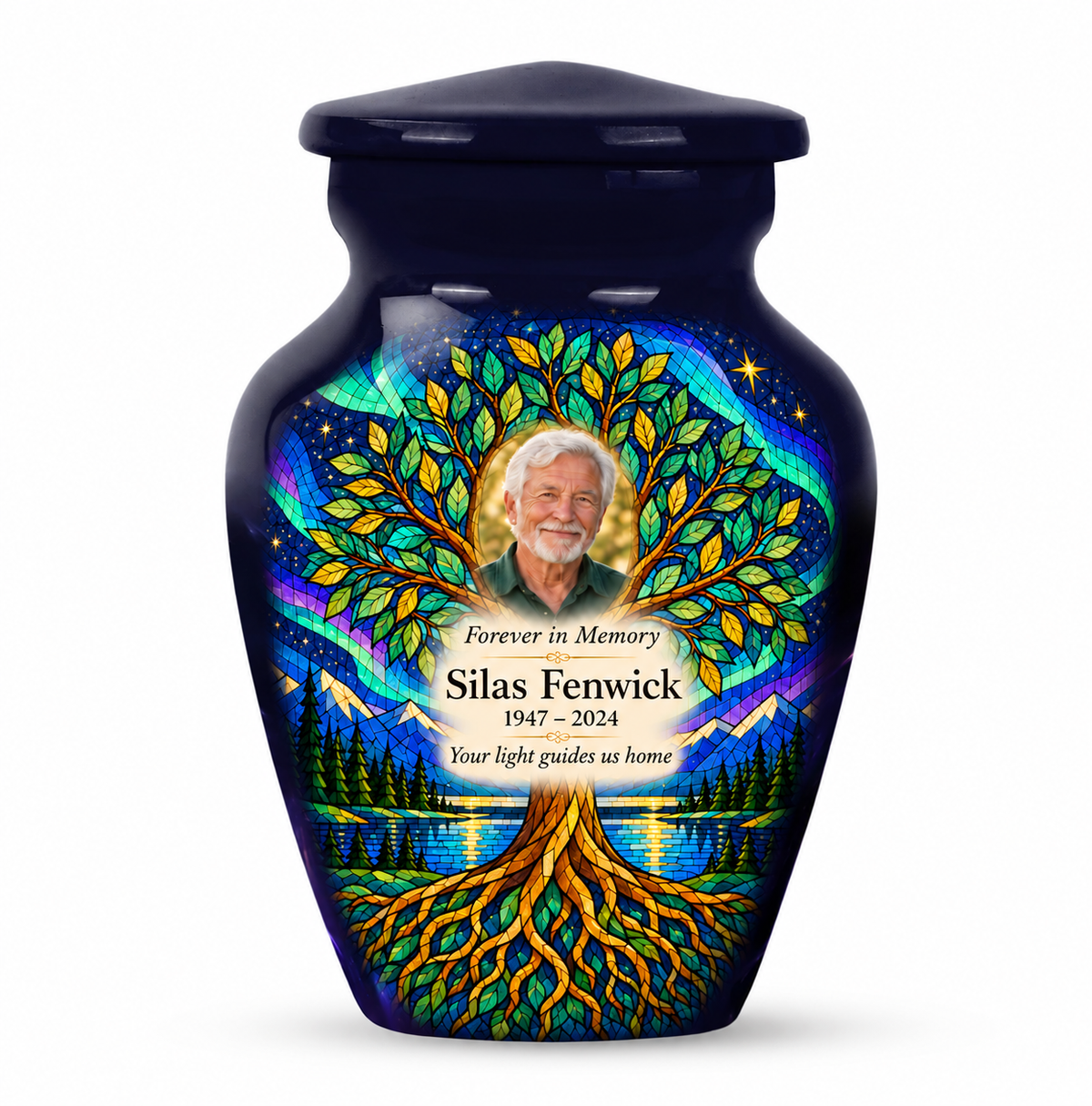One dark blue Tree of Life keepsake urn with aurora and lake artwork, Silas Fenwick sample portrait and memorial text on white.