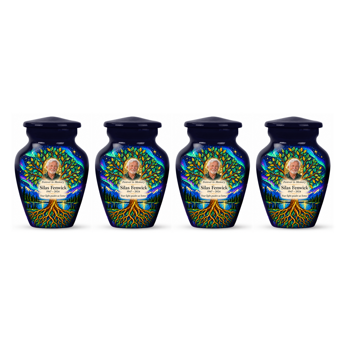 Four dark blue aurora Tree of Life keepsake urns in a row on white, each with Silas Fenwick sample portrait and memorial text.