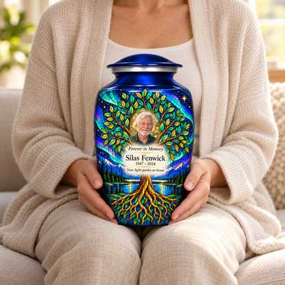 A seated person in cream clothing holding the blue aurora Tree of Life adult urn with Silas Fenwick sample portrait and memorial text on their lap.