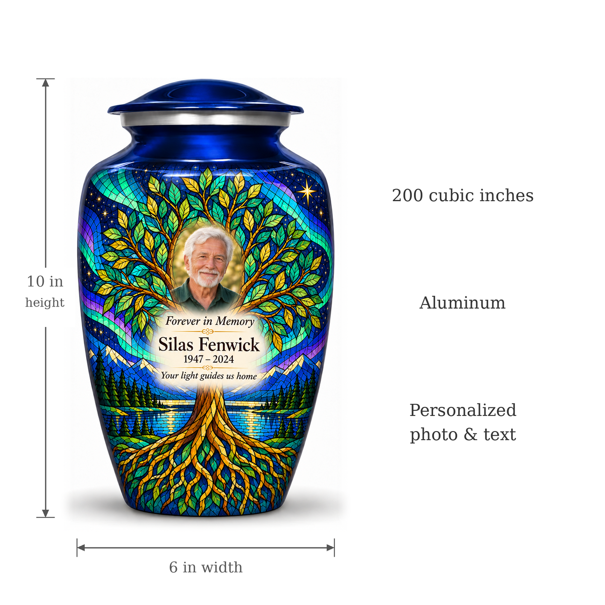 Blue Tree of Life adult urn size guide showing 10 inch height, 6 inch width, 200 cubic inches, Aluminum, and personalized photo and text.