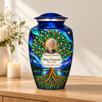 Blue aurora Tree of Life adult urn with Silas Fenwick sample portrait on a wooden console beside a cream candle and white flowers.