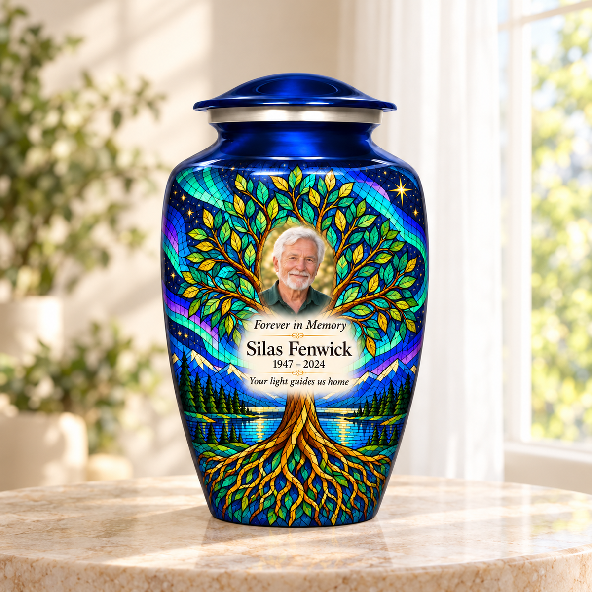 Blue aurora Tree of Life adult urn with Silas Fenwick sample portrait and memorial text on a round stone table beside a sunlit window.