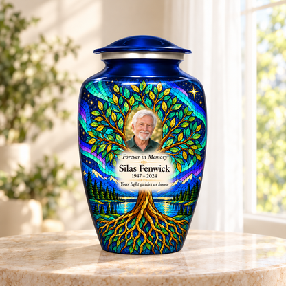 Blue aurora Tree of Life adult urn with Silas Fenwick sample portrait and memorial text on a round stone table beside a sunlit window.