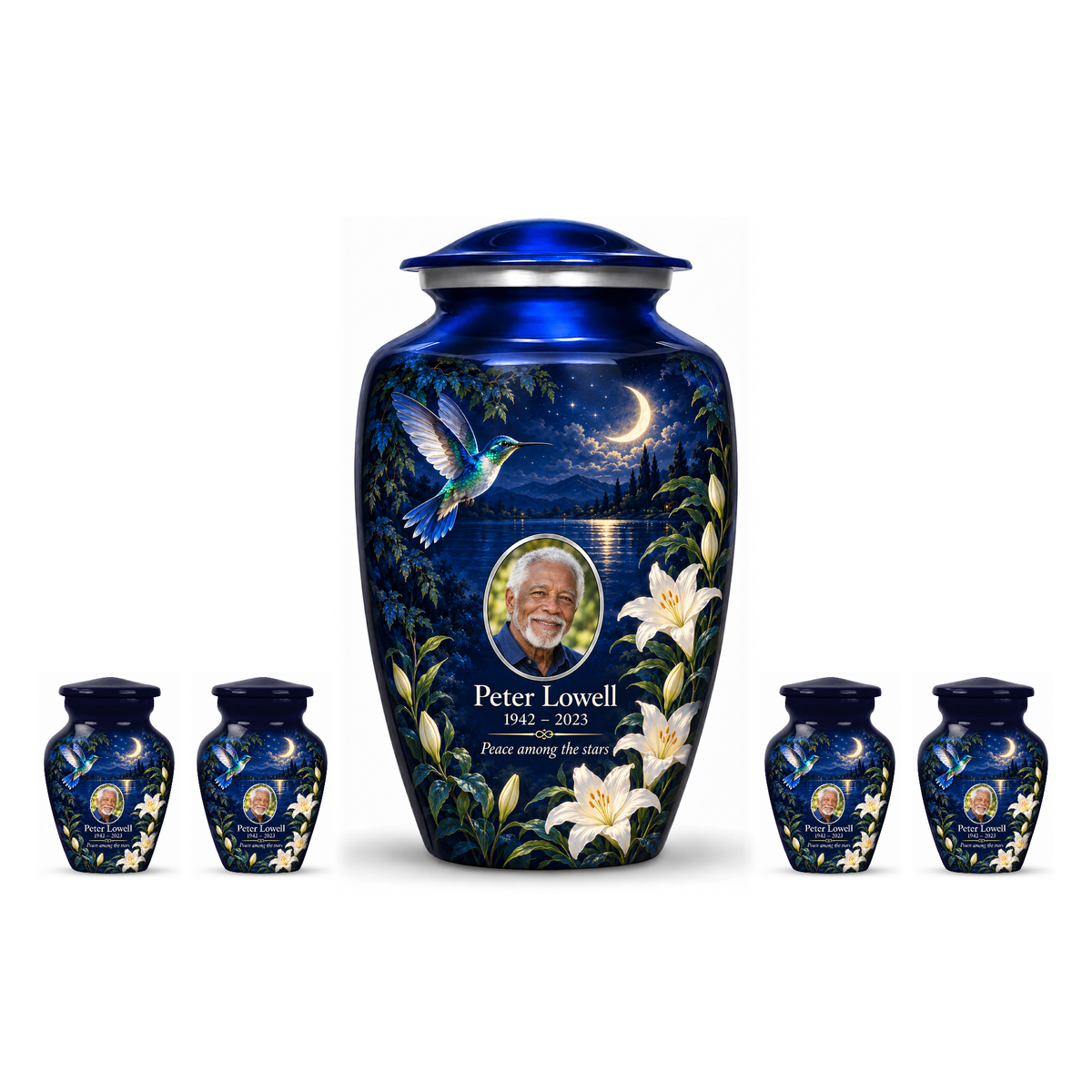 One blue hummingbird adult urn with four matching keepsake urns, white lilies and sample photo and text