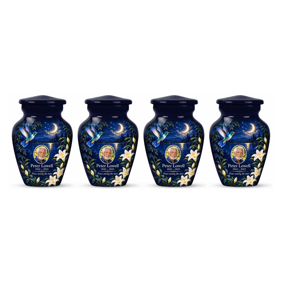 Four matching blue hummingbird keepsake urns with white lilies and sample photo and text on white