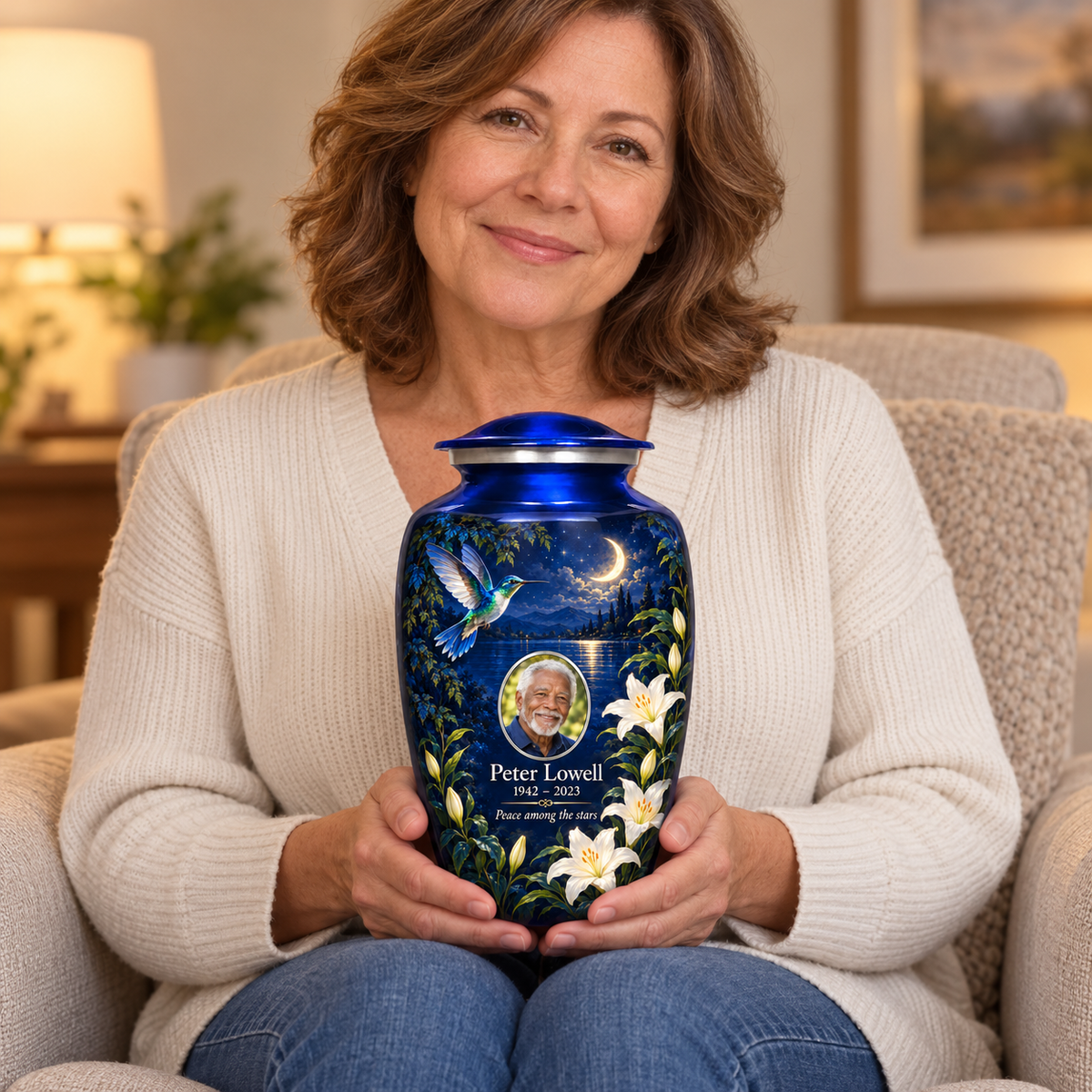 A seated person holding the blue hummingbird adult urn with white lilies and sample photo on their lap