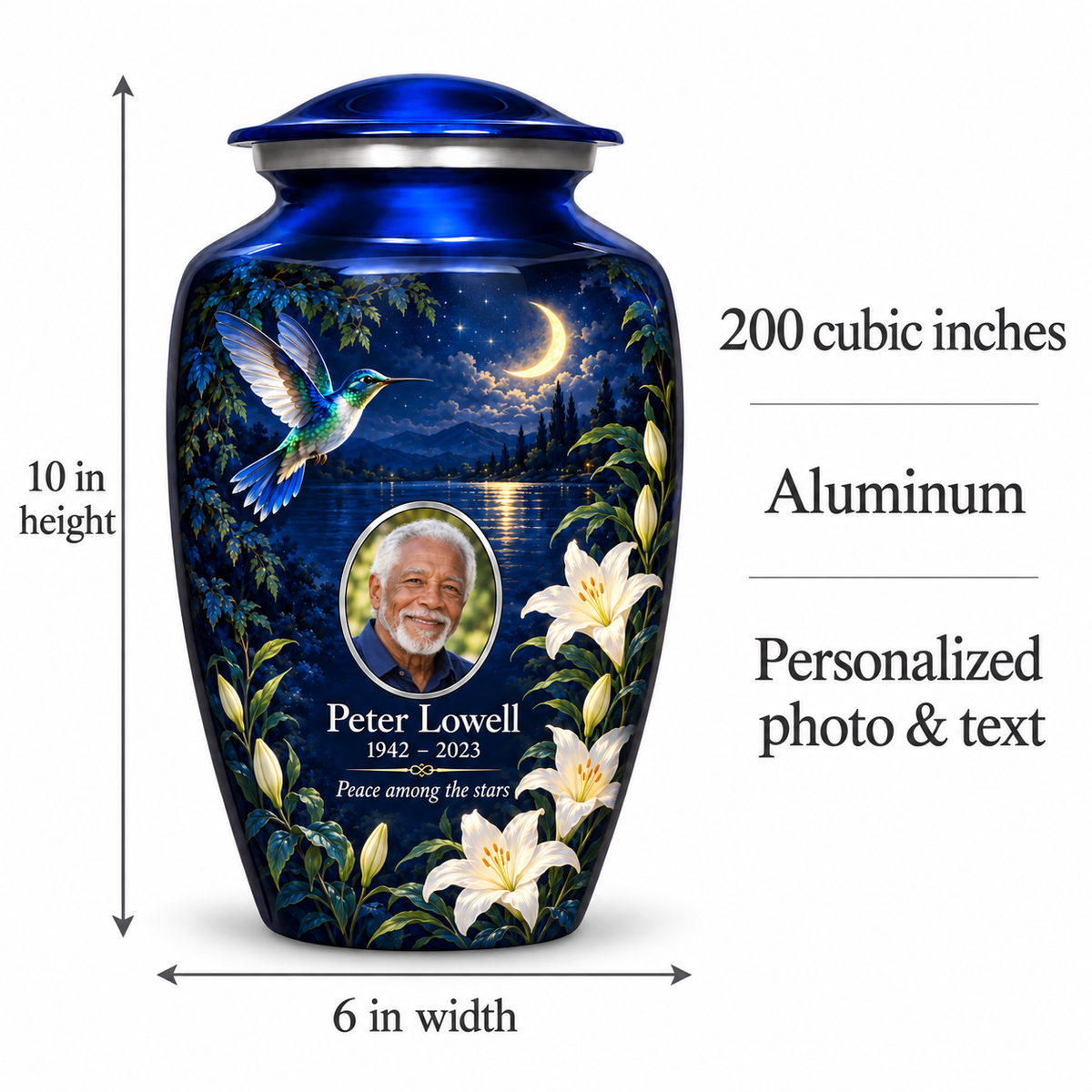 Blue hummingbird adult urn guide showing 10-inch height, 6-inch width, 200-cubic-inch capacity and Aluminum