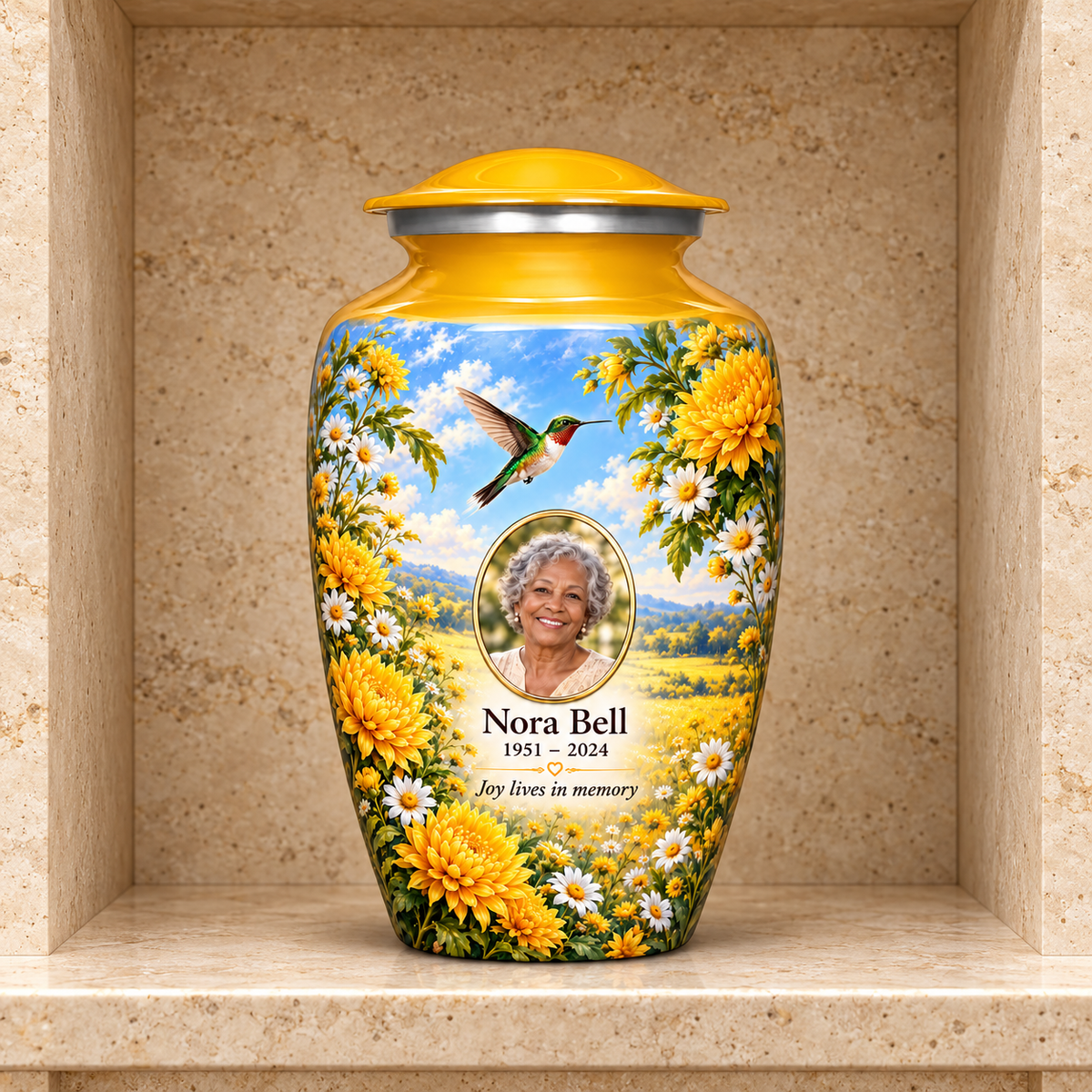 Yellow hummingbird adult urn with Nora Bell sample photo and text displayed in a stone columbarium niche