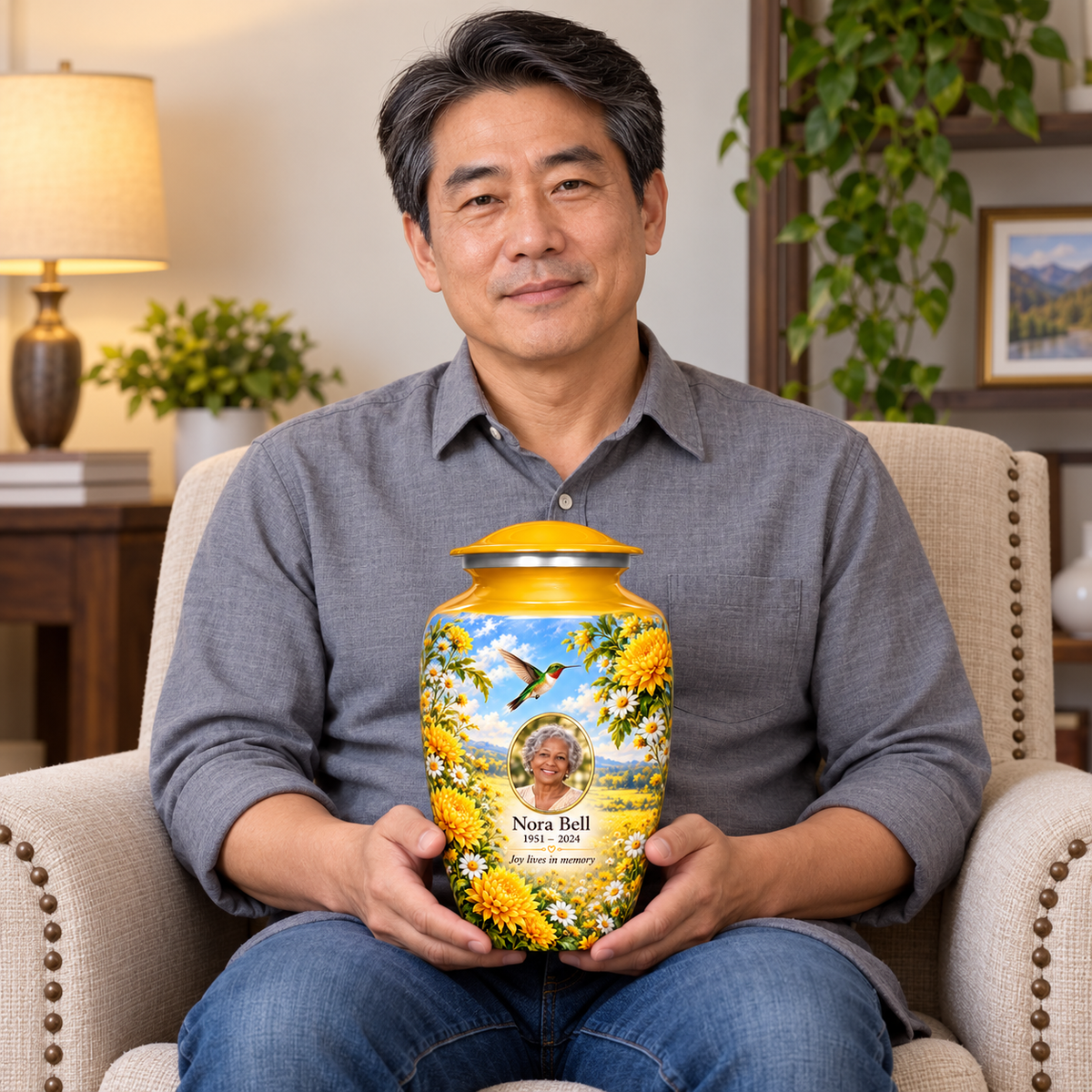 A seated person holding the yellow hummingbird adult urn with chrysanthemums, white daisies and Nora Bell sample photo and text