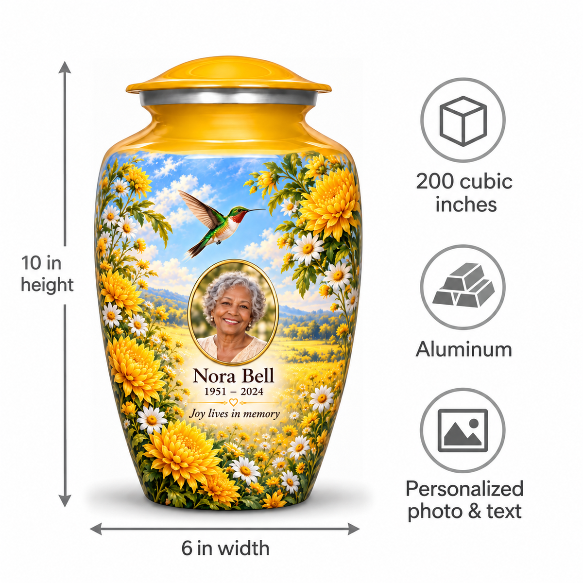 Yellow hummingbird adult urn size guide showing 10 inch height, 6 inch width, 200 cubic inches, Aluminum and personalized photo and text