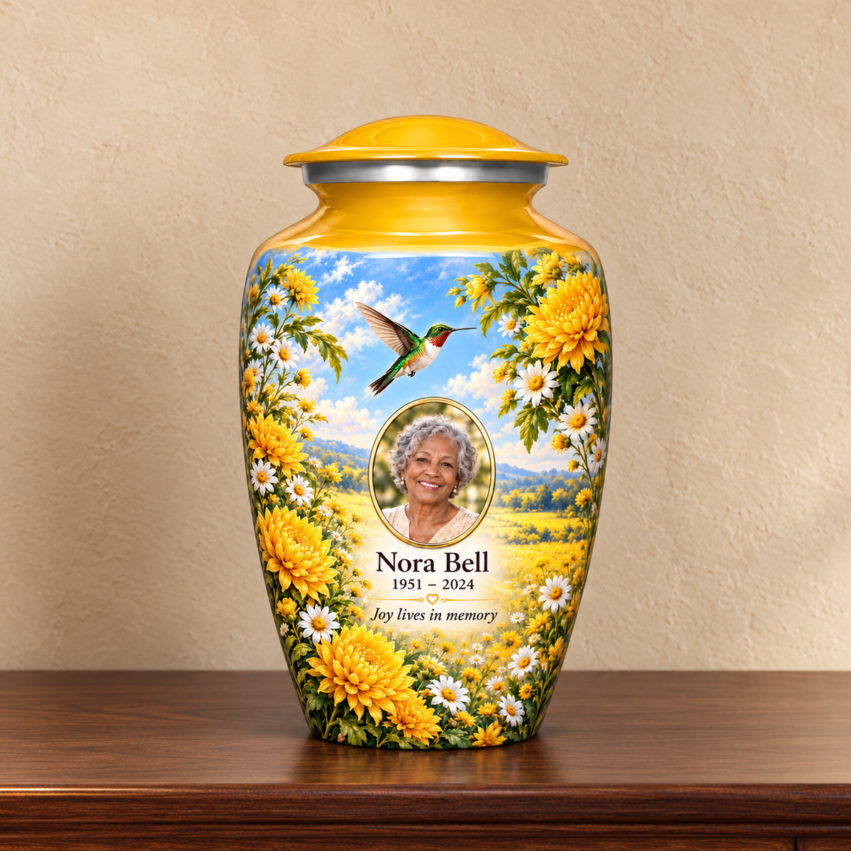 Yellow hummingbird adult urn with Nora Bell sample photo and text displayed on a memorial console