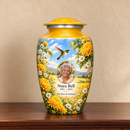 Yellow hummingbird adult urn with Nora Bell sample photo and text displayed on a memorial console