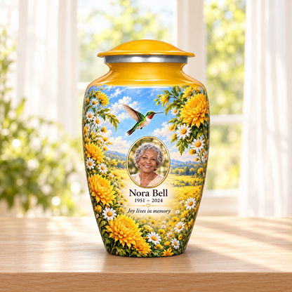 Yellow hummingbird adult urn with chrysanthemums, white daisies and Nora Bell sample photo and text in a sunlit home