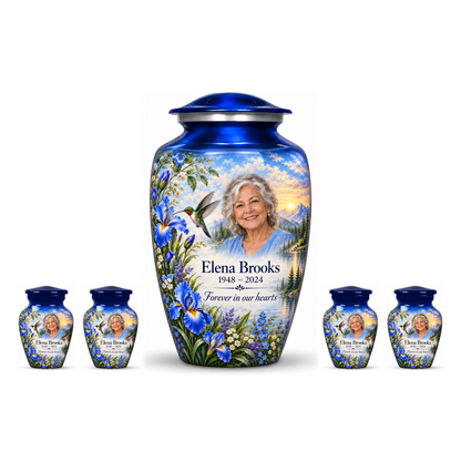 One blue hummingbird adult urn with four matching keepsakes, all with irises and Elena Brooks sample photo and text