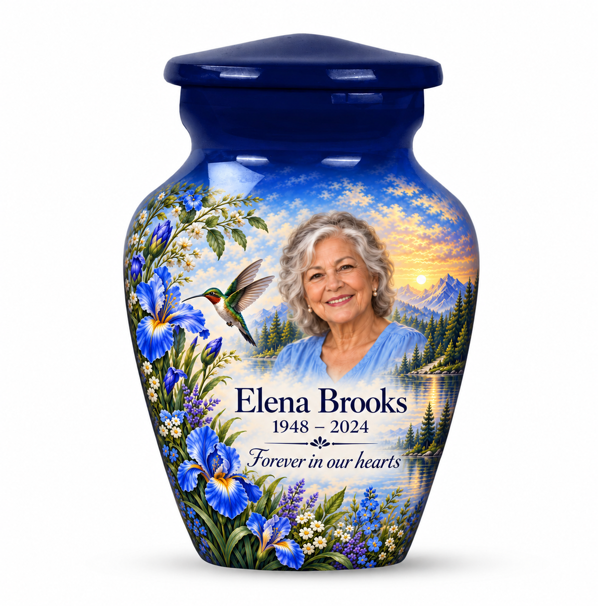One blue hummingbird keepsake urn with blue irises, mountain lake and borderless Elena Brooks sample portrait and text