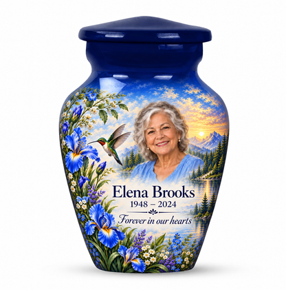 One blue hummingbird keepsake urn with blue irises, mountain lake and borderless Elena Brooks sample portrait and text