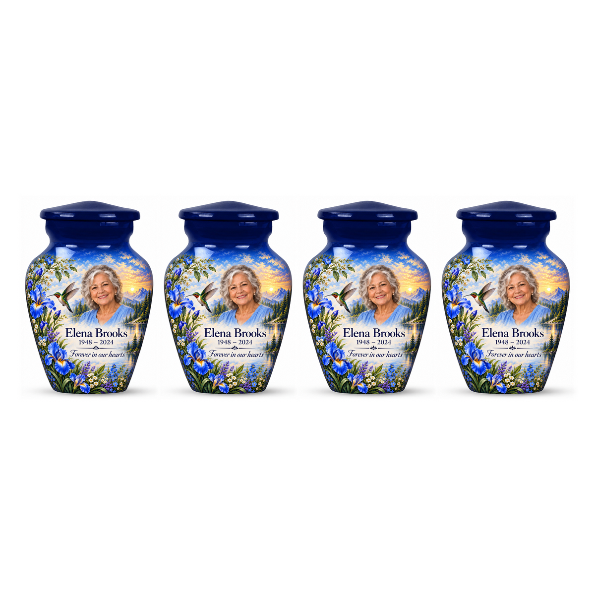 Four matching blue hummingbird keepsake urns with irises, mountain lake and Elena Brooks sample photo and text
