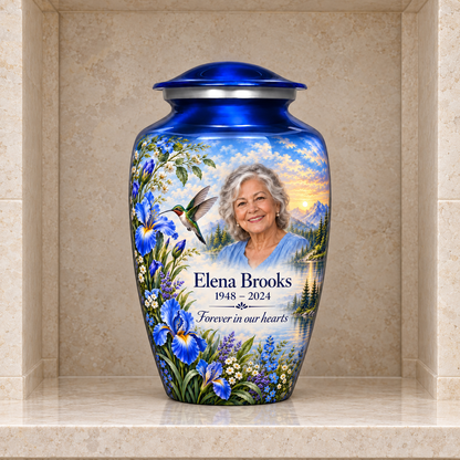 Blue hummingbird adult urn with irises and Elena Brooks sample photo and text displayed in a stone columbarium niche