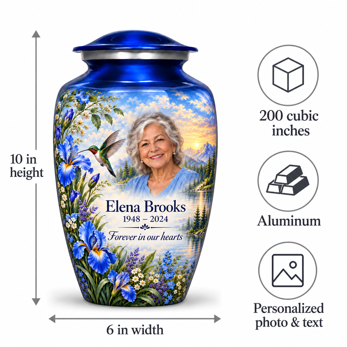 Blue hummingbird adult urn size guide showing 10 inch height, 6 inch width, 200 cubic inches, Aluminum and personalized photo and text