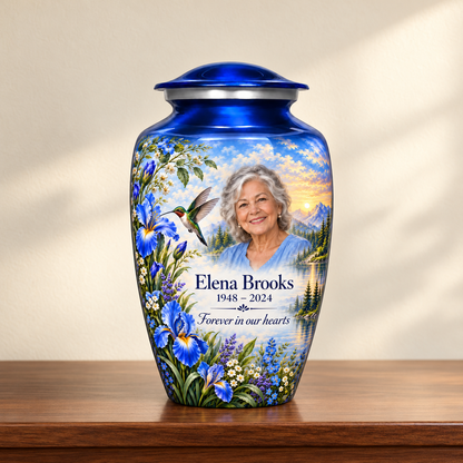 Blue hummingbird adult urn with irises and Elena Brooks sample photo and text displayed on a memorial console
