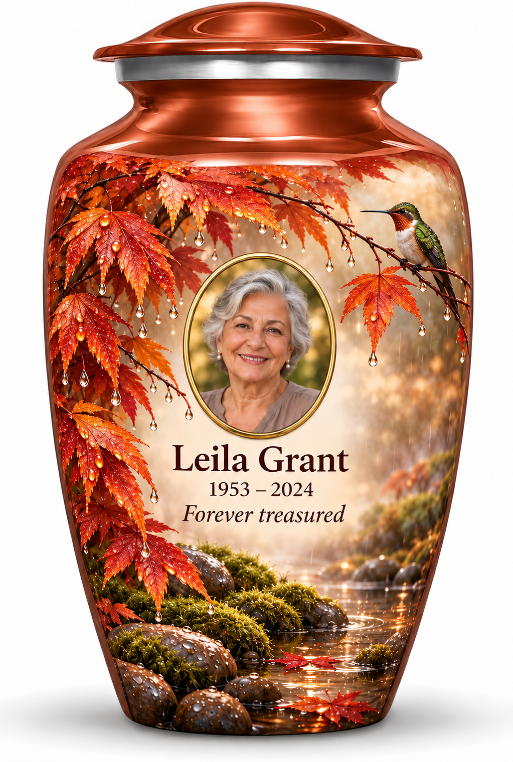 Orange hummingbird adult urn with maple leaves, raindrops and mossy stones and Leila Grant sample portrait and personalized text