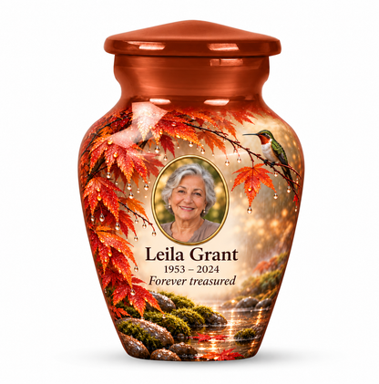 One orange hummingbird keepsake urn with maple leaves, raindrops and mossy stones and Leila Grant sample photo and text
