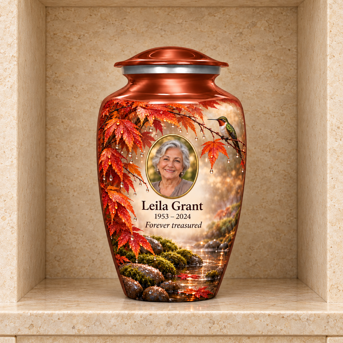 Orange hummingbird adult urn with Leila Grant sample photo and text displayed in a stone columbarium niche