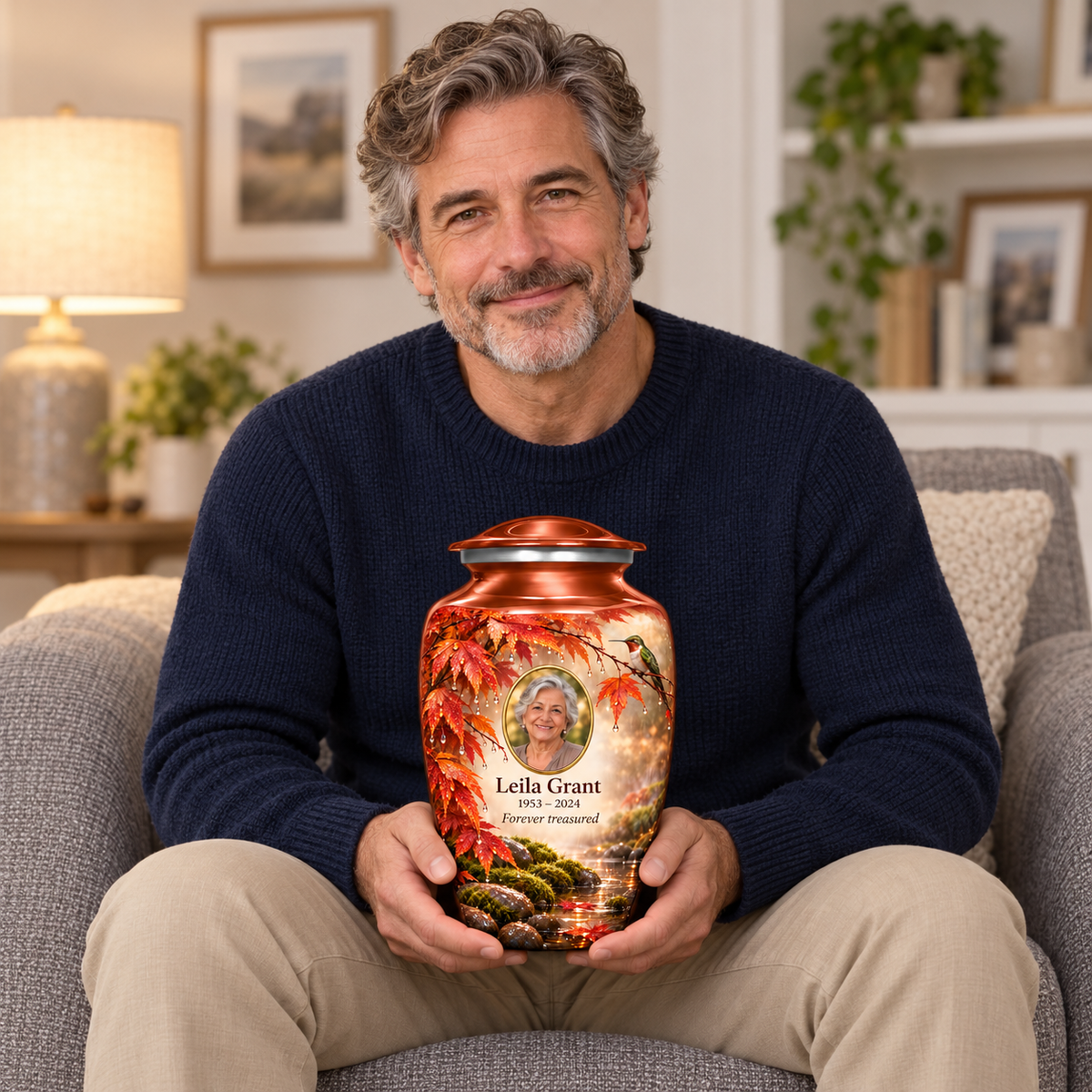 A seated person holding the orange hummingbird adult urn with Leila Grant sample photo and text