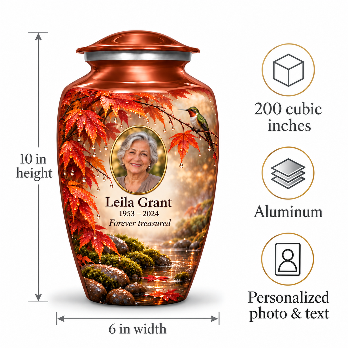 Orange hummingbird adult urn size guide showing 10 inch height, 6 inch width, 200 cubic inches, Aluminum and personalized photo and text