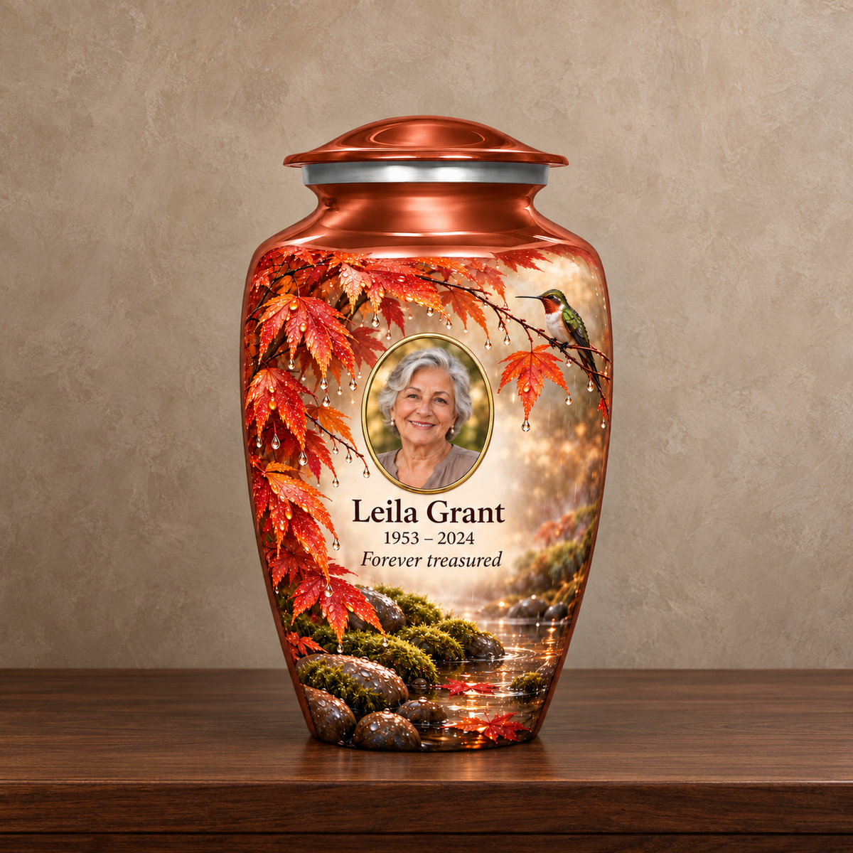 Orange hummingbird adult urn with Leila Grant sample photo and text displayed on a memorial console