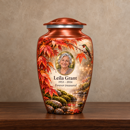 Orange hummingbird adult urn with Leila Grant sample photo and text displayed on a memorial console