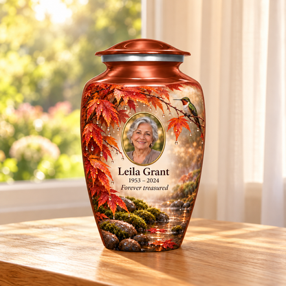 Orange hummingbird adult urn with maple leaves, raindrops and mossy stones and Leila Grant sample photo and text in a sunlit home
