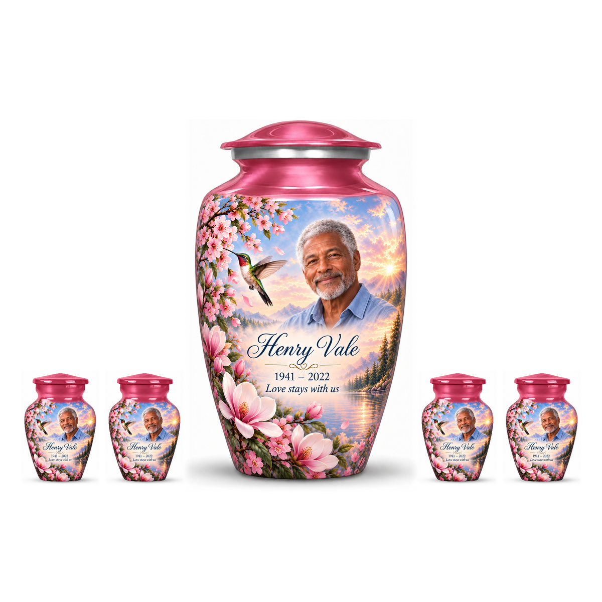 One pink hummingbird adult urn with four matching keepsakes, all with Henry Vale sample photo and text