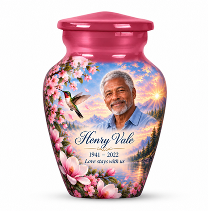 One pink hummingbird keepsake urn with pink magnolias and a lake sunrise and Henry Vale sample photo and text
