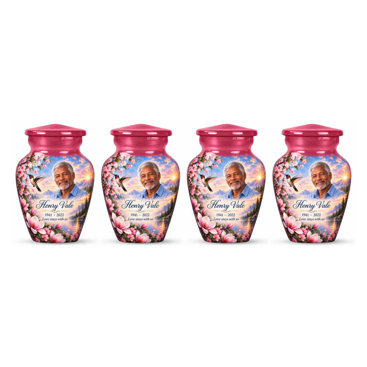 Four matching pink hummingbird keepsake urns with Henry Vale sample photo and text