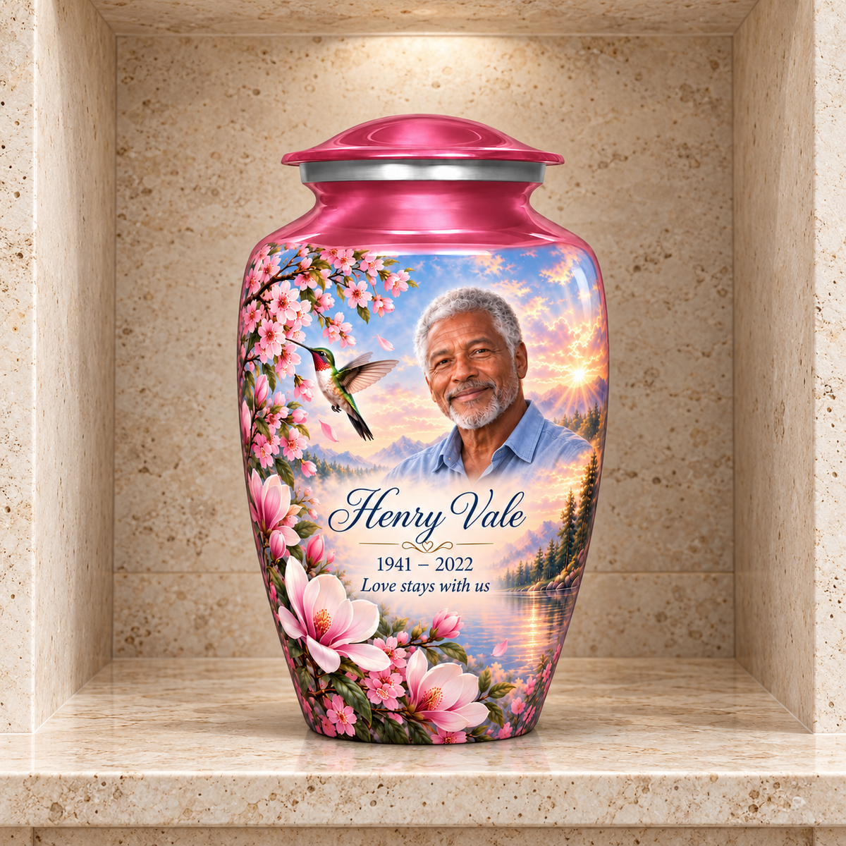 Pink hummingbird adult urn with Henry Vale sample photo and text displayed in a stone columbarium niche