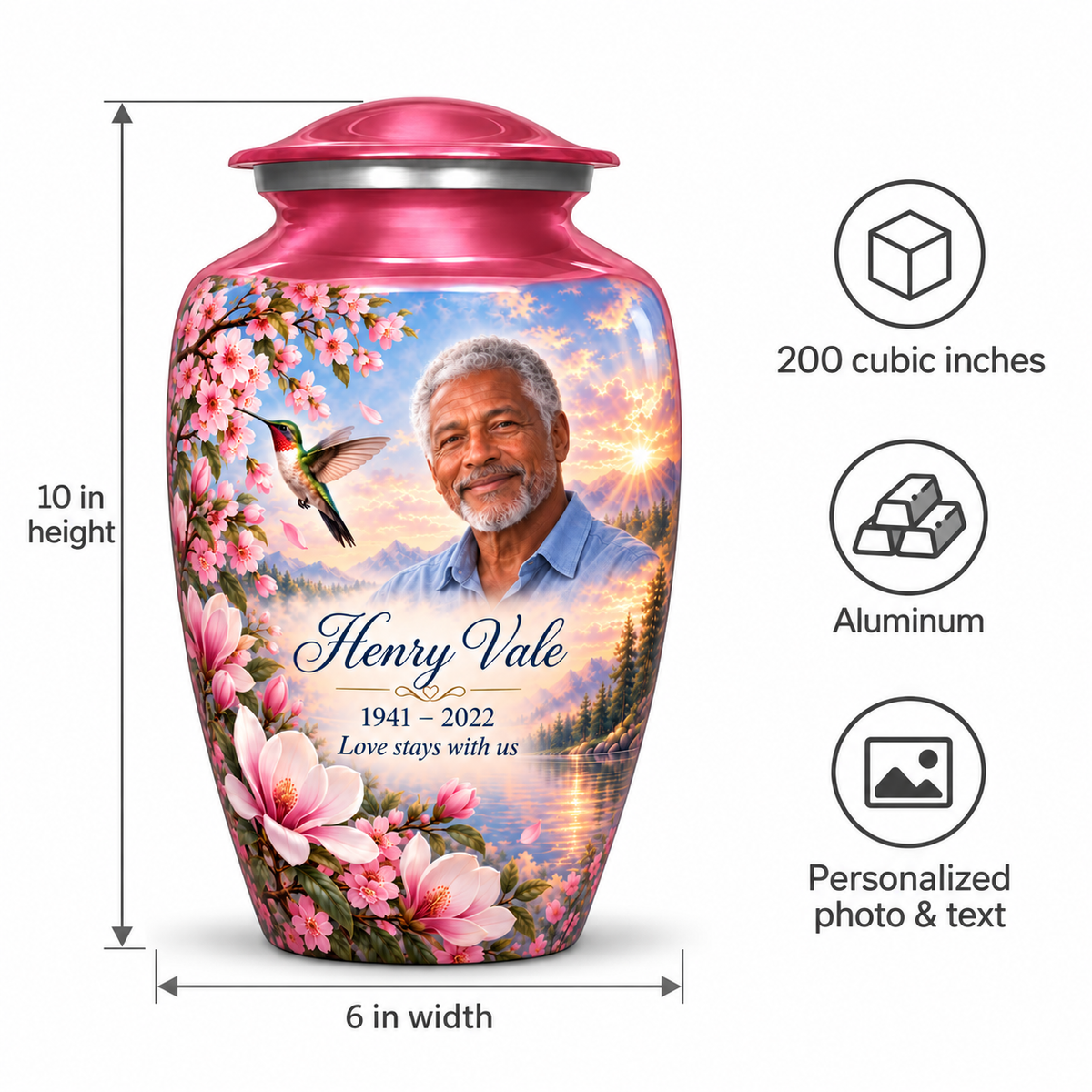 Pink hummingbird adult urn size guide showing 10 inch height, 6 inch width, 200 cubic inches, Aluminum and personalized photo and text