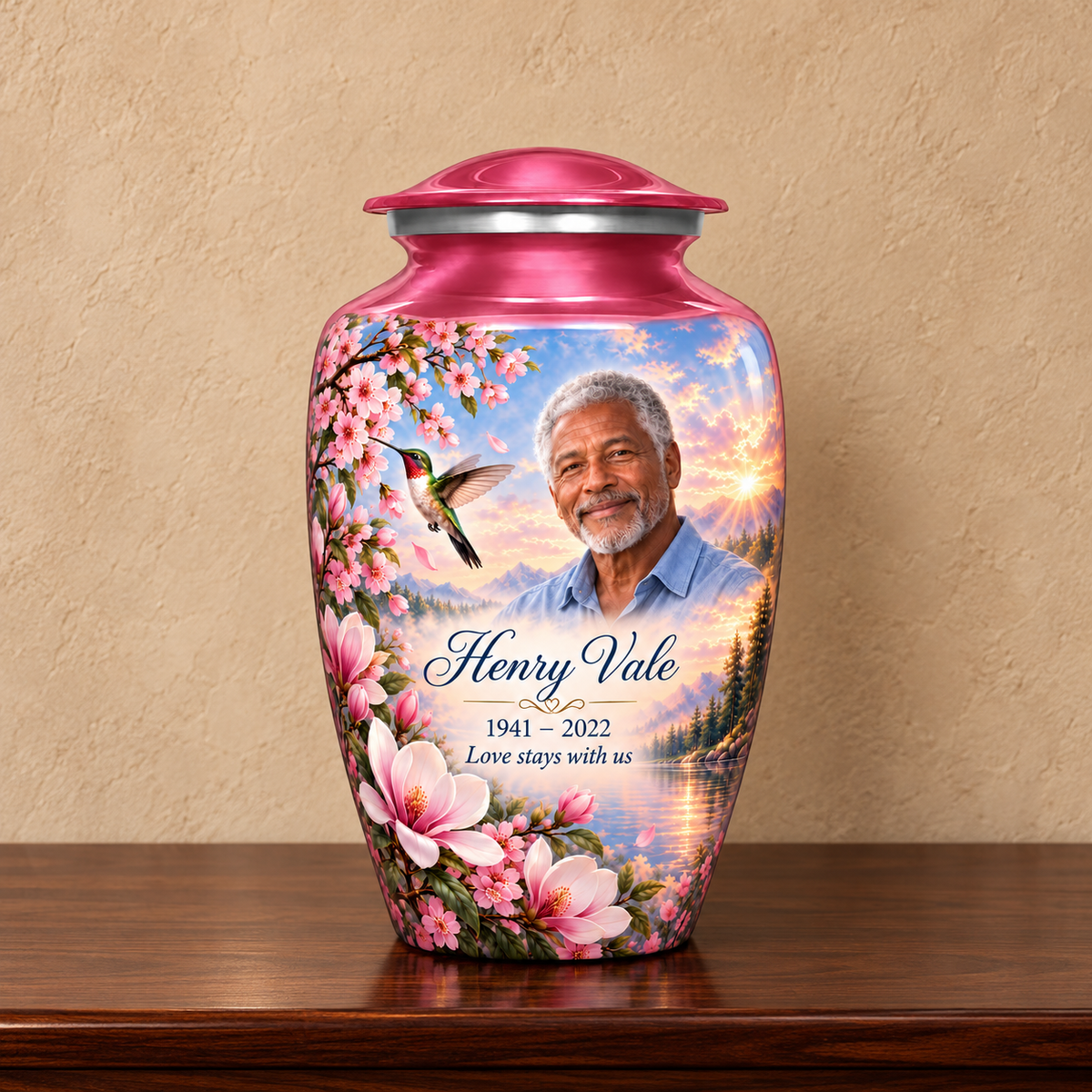 Pink hummingbird adult urn with Henry Vale sample photo and text displayed on a memorial console