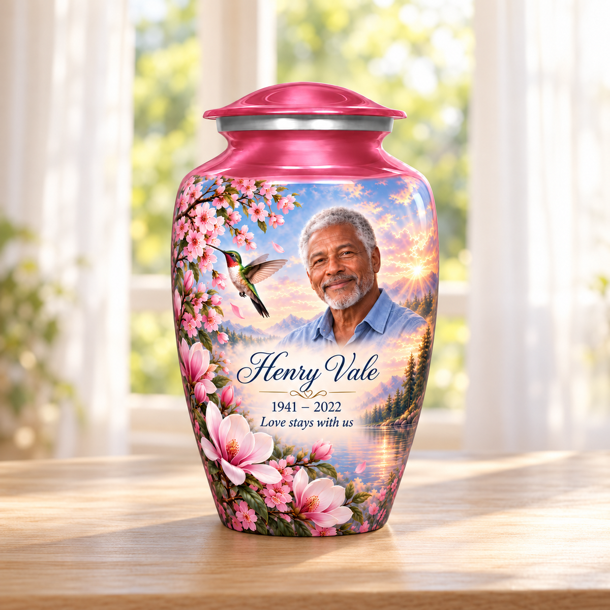 Pink hummingbird adult urn with pink magnolias and a lake sunrise and Henry Vale sample photo and text in a sunlit home