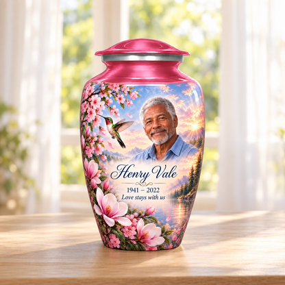 Pink hummingbird adult urn with pink magnolias and a lake sunrise and Henry Vale sample photo and text in a sunlit home