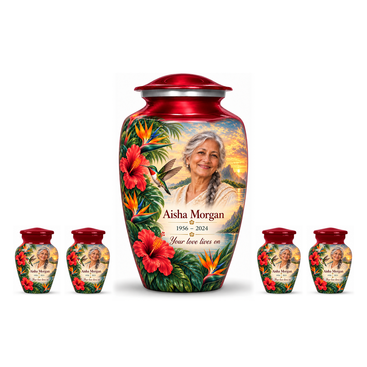 One red hummingbird adult urn with four matching keepsakes, all with Aisha Morgan sample photo and text