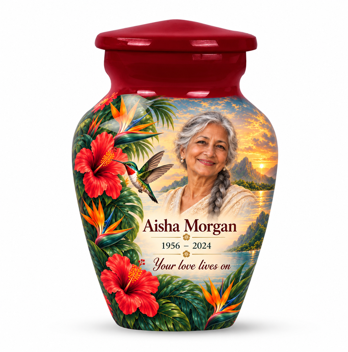 One red hummingbird keepsake urn with hibiscus, bird of paradise flowers and a tropical sunset and Aisha Morgan sample photo and text