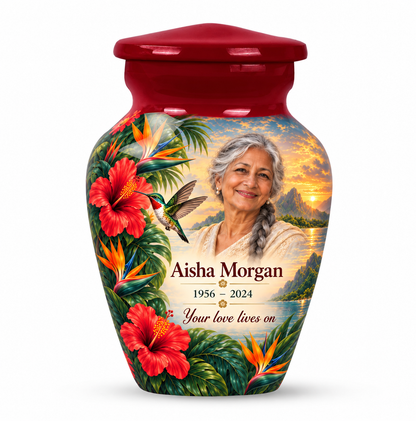 One red hummingbird keepsake urn with hibiscus, bird of paradise flowers and a tropical sunset and Aisha Morgan sample photo and text